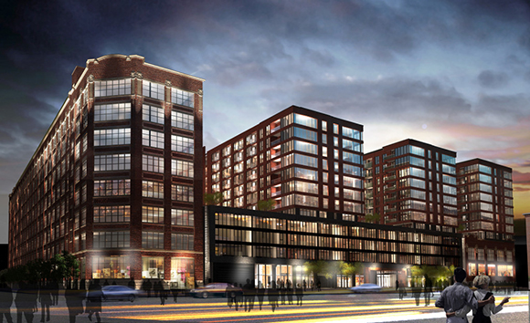 Rendering of several multi-story brick residential buildings with large windows under a cloudy twilight sky.