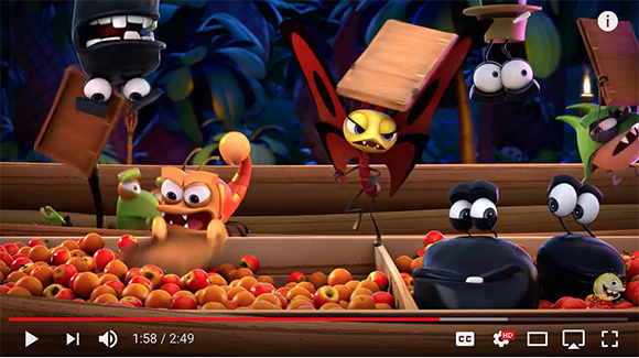 Cartoon insects with large eyes move wooden crates and work among piles of red fruit.
