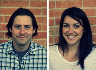 Split portrait of a man in a plaid shirt and a woman in a white shirt, both smiling against a brick wall.