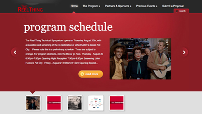 Webpage for The Reel Thing showing a program schedule and a still from the film Fat City.