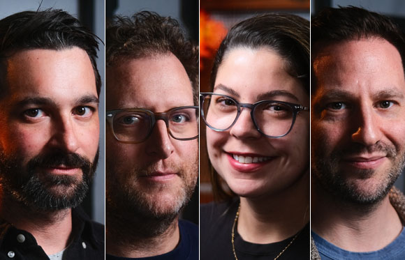 Four close-up portraits of diverse individuals looking toward the camera.