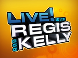 3D stylized text reading 'LIVE! WITH REGIS AND KELLY' against a yellow and orange gradient background.