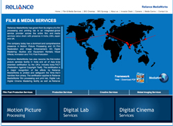 A blue website interface showing a world map with red connecting lines and service categories.