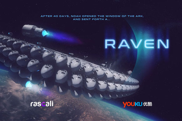 A large, segmented spacecraft with many spherical modules orbits a planet against a starry space background.