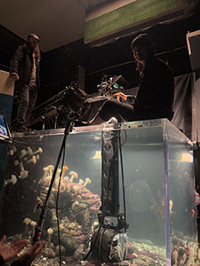 A film crew operates a camera and lighting equipment over a large glass aquarium filled with coral.
