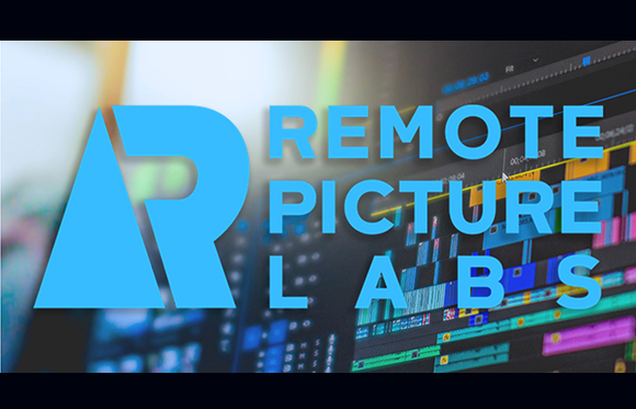 Blue logo for Remote Picture Labs overlaid on a blurred video editing software timeline.