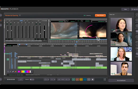 A video editing software interface showing audio mixers, video timelines, and a video call sidebar.