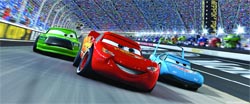 Three animated race cars, red, green, and blue, racing on a track in a crowded stadium.
