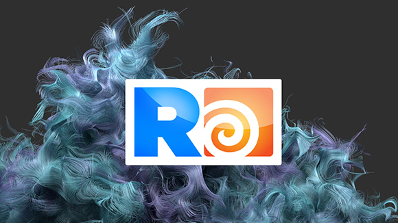 A white rectangular logo featuring a blue letter R and an orange spiral icon over a teal and purple swirl.