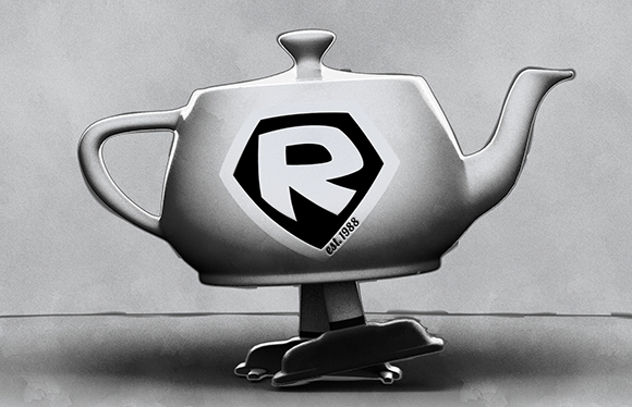 A silver teapot featuring a black and white logo with the letter R and the text est. 1988.