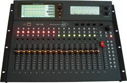 A black audio mixing console featuring sixteen vertical faders, various indicator lights, and two digital displays.