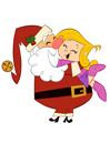 Cartoon illustration of Santa Claus hugging a smiling blonde girl with a red nose.