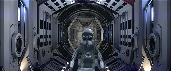 A person in a white space suit walking down a circular, metallic sci-fi corridor toward a bulkhead.