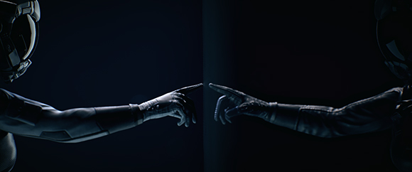 Two hands in dark, futuristic gloves reach toward each other against a black background.