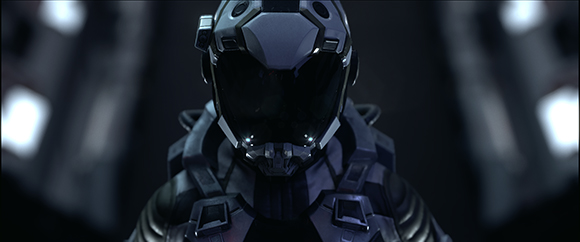 Close-up of a dark, metallic sci-fi helmet with a reflective black visor.