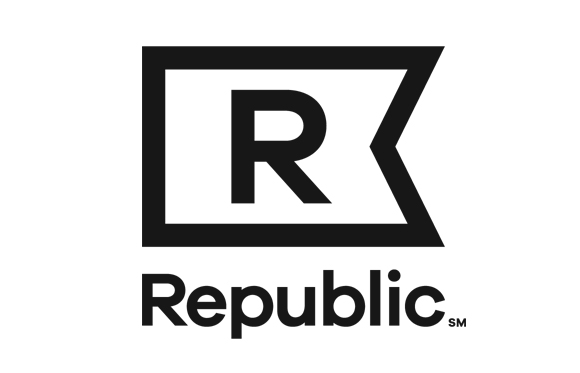 Black logo featuring a capital letter R inside a rectangular banner shape above the word Republic.