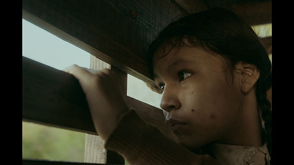 A young girl with braided hair looks out through a gap in a rustic wooden structure.