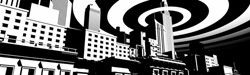 Stylized black and white illustration of a city skyline under large concentric white circles.