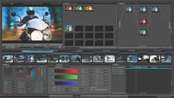 A digital interface of a video editing software displaying video clips, timelines, and color grading tools.