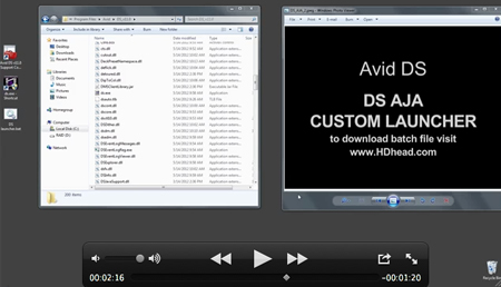 A Windows desktop showing a file explorer window and a black slide with white text for Avid DS AJA Custom Launcher.