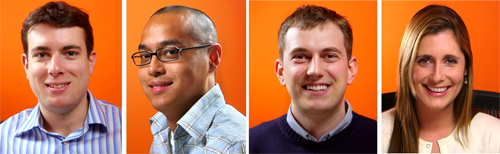 Four smiling people in headshot portraits against a bright orange background.