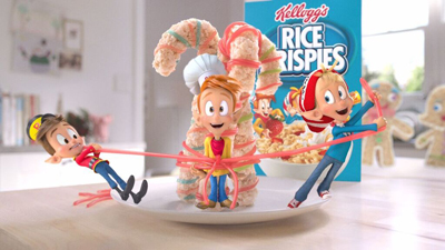 Animated characters pull on pink frosting strings wrapped around large Rice Krispies treats near a cereal box.