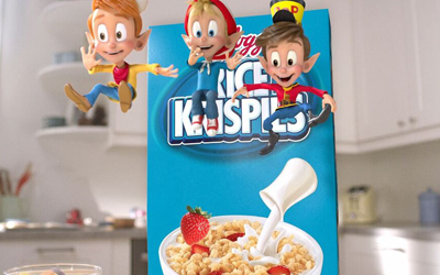 A blue box of Rice Krispies cereal with three animated elves jumping above a bowl of cereal and milk.