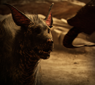 A close-up profile of a dark-furred hyena with large pointed ears and bared teeth.
