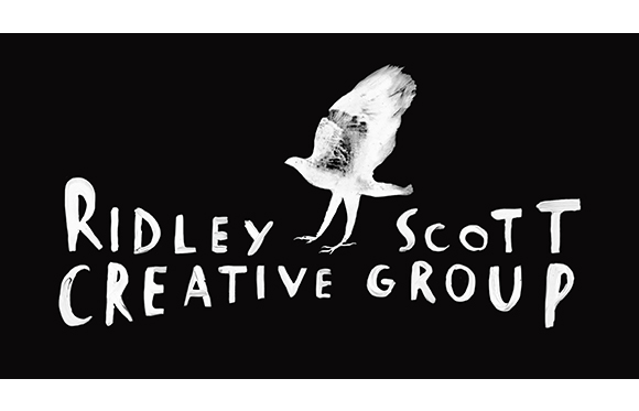White stylized bird flying above the text Ridley Scott Creative Group on a black background.