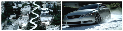 Split view: an aerial shot of a winding road through houses and a silver sedan driving through snow.