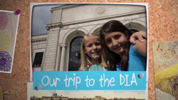 Two girls smiling in a photo pinned to a corkboard with text reading 'Our trip to the DIA'.