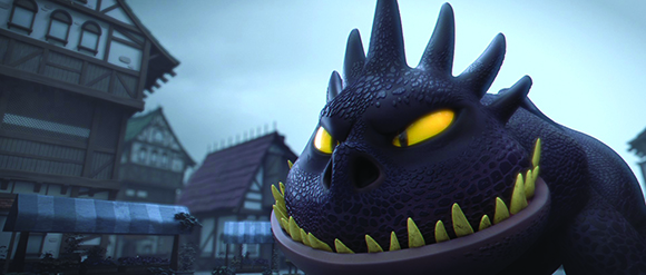 A close-up of a dark purple dragon with glowing yellow eyes and sharp teeth in a medieval village.