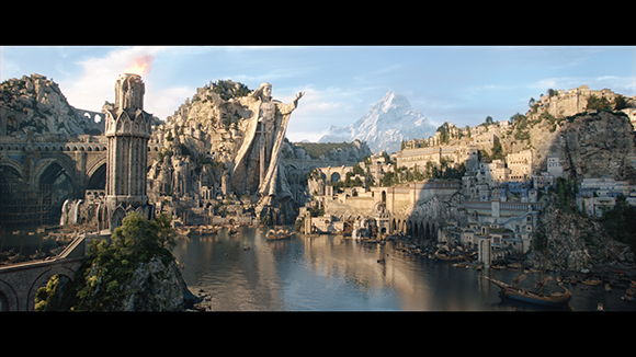 A vast fantasy coastal city with stone architecture, a large central statue, and boats in the water.