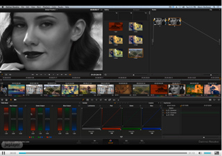A video editing software interface showing a black and white portrait, video clips, and color grading tools.