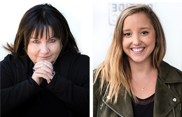 A woman with dark hair looking serious on the left and a blonde woman smiling on the right.