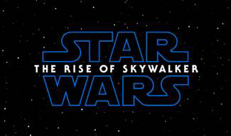 The Star Wars: The Rise of Skywalker logo in blue outline against a black starry background.