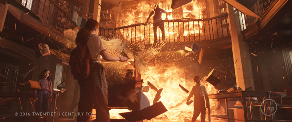 People run through a library filled with intense orange flames and flying debris.