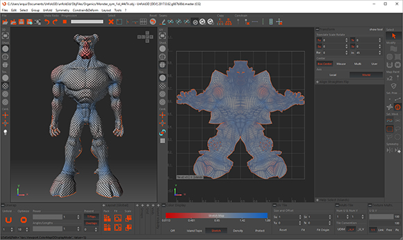 A 3D modeling interface showing a muscular humanoid character mesh and its corresponding UV unwrapped layout.