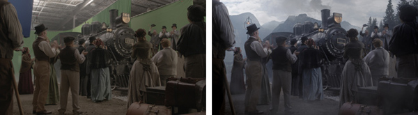 Film set with actors in 19th-century attire standing near a large black steam locomotive.