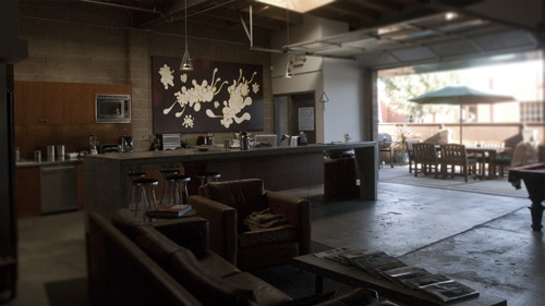 An industrial loft featuring a long kitchen counter, leather seating, and an open garage door to a patio.