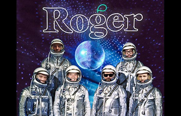 Six people in silver spacesuits posing around a glowing disco ball against a starry purple background.