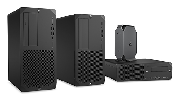 Three black HP Z series desktop computers in tower and small form factor configurations.