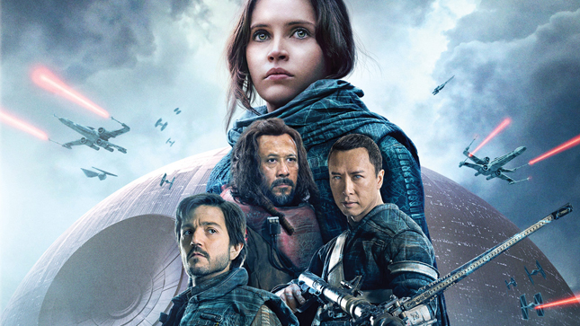 Characters from Rogue One stand before a large spherical space station in a cloudy sky with starfighters.