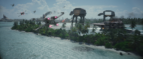 Starfighters and AT-AT walkers engage in a battle over a tropical island with palm trees and blue water.