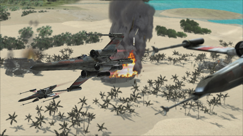 Starfighters fly over a sandy desert landscape with palm trees and a large plume of black smoke.