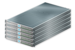 A stack of five silver rack-mounted server units with status lights and logos on the front panels.
