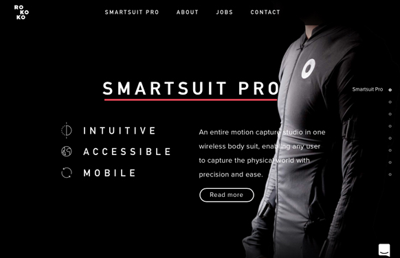 Rokoko Smartsuit Pro website featuring a person wearing a black motion capture bodysuit.