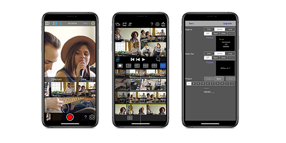 Three smartphones showing video recording, media library, and editing settings interfaces.