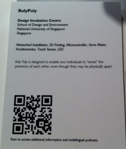 Text describing RolyPoly, a networked installation by the National University of Singapore, including its components and purp
