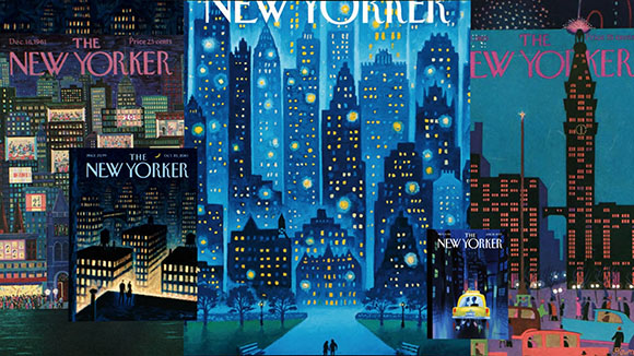 A collage of several The New Yorker magazine covers depicting stylized night cityscapes.